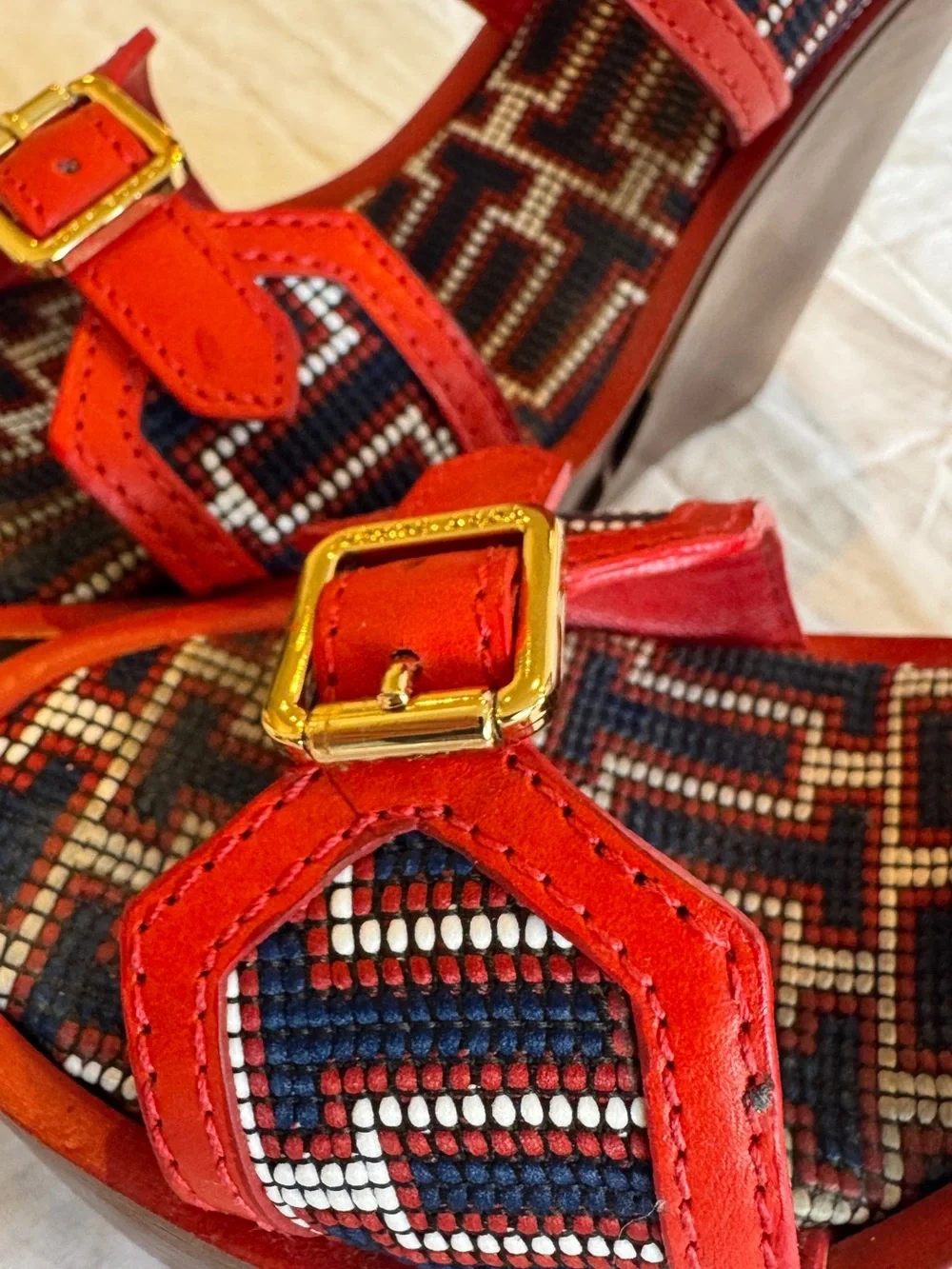 Tory Burch Red High Wedge Beaded Sandals with Gold Buckles
